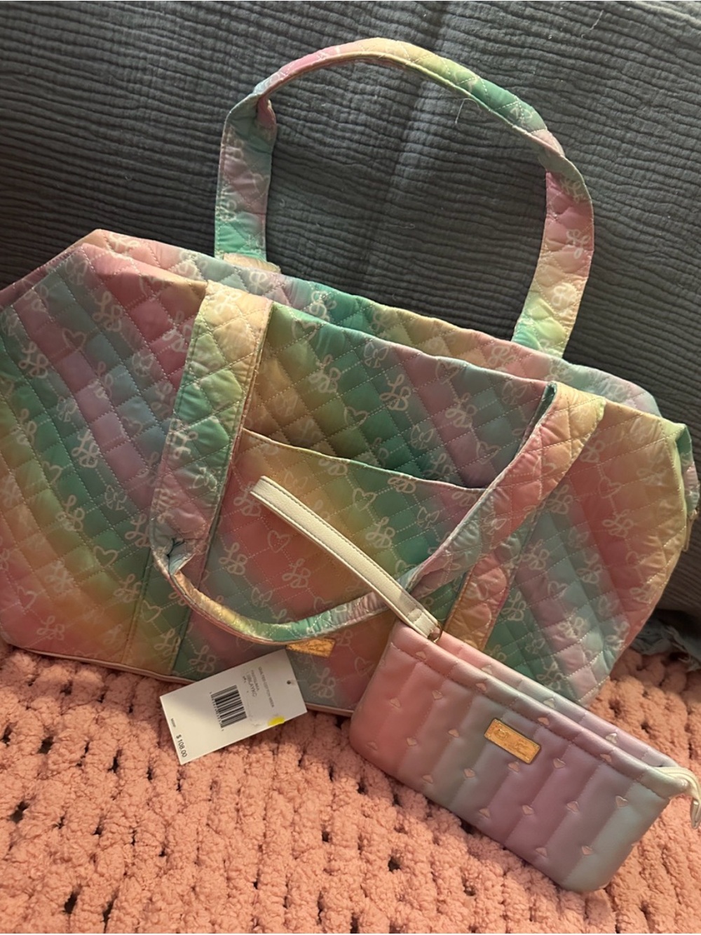 Betsey Johnson Rainbow XL quilted tote bag & clutch